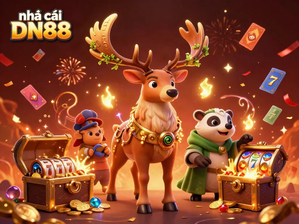 Engage with exciting games at nhà cái DN88 featuring vibrant 3D characters, coins, and slot elements.