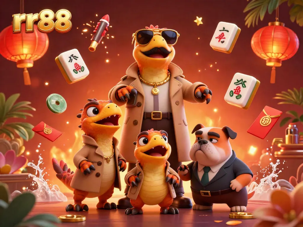 Experience rr88's vibrant casino scene with three raptors sneaking into a VIP lounge, showcasing dazzling gaming elements.