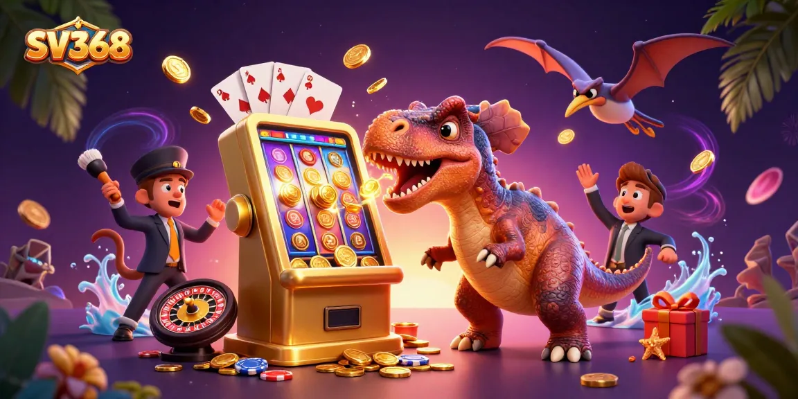 SV368 features a pachycephalosaurus winning at a golden slot machine amid a gambling frenzy.