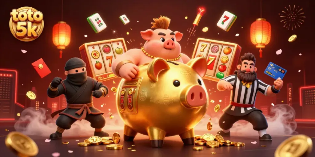 Toto 5k menghadirkan ilustrasi kasino menarik dengan karakter saling berinteraksi di dalam suasana yang penuh keberuntungan dan elemen permainan.