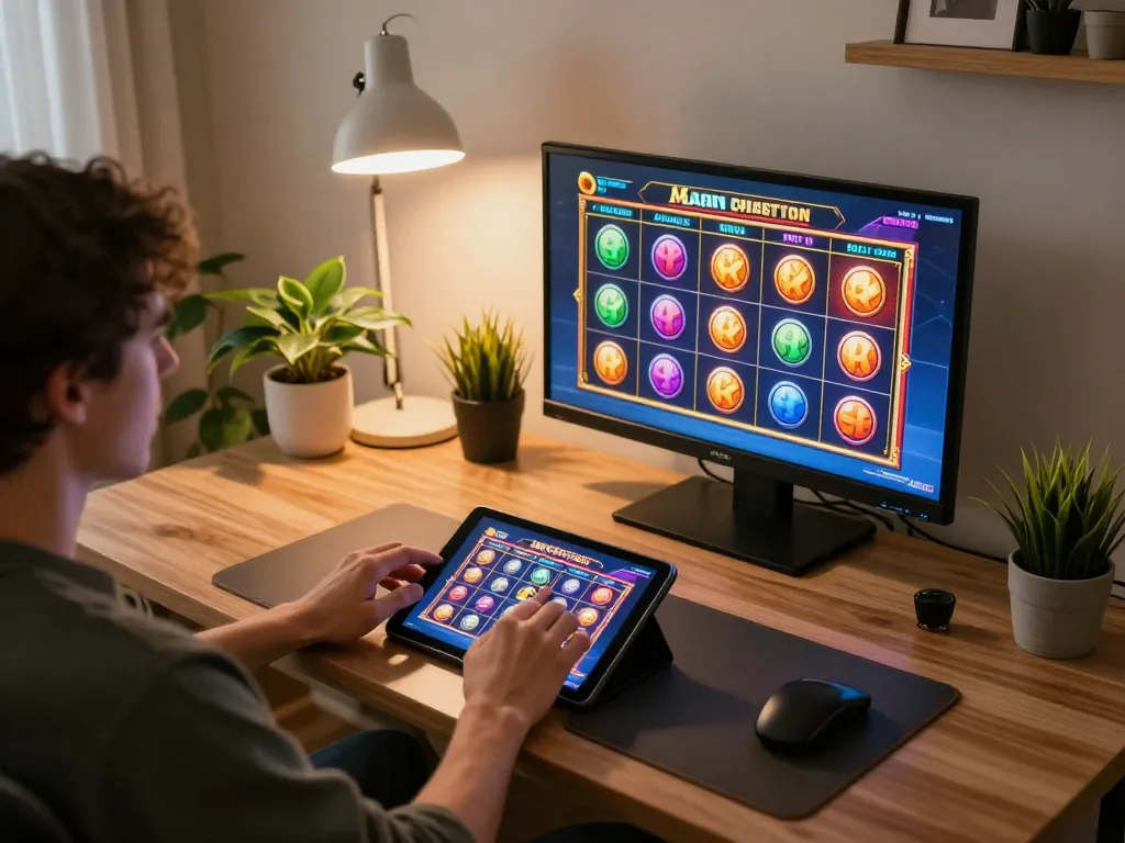 Main OKESlot Deposit Qris Tanpa Potongan menangkap pengalaman bermain slot online yang mendebarkan di rumah.