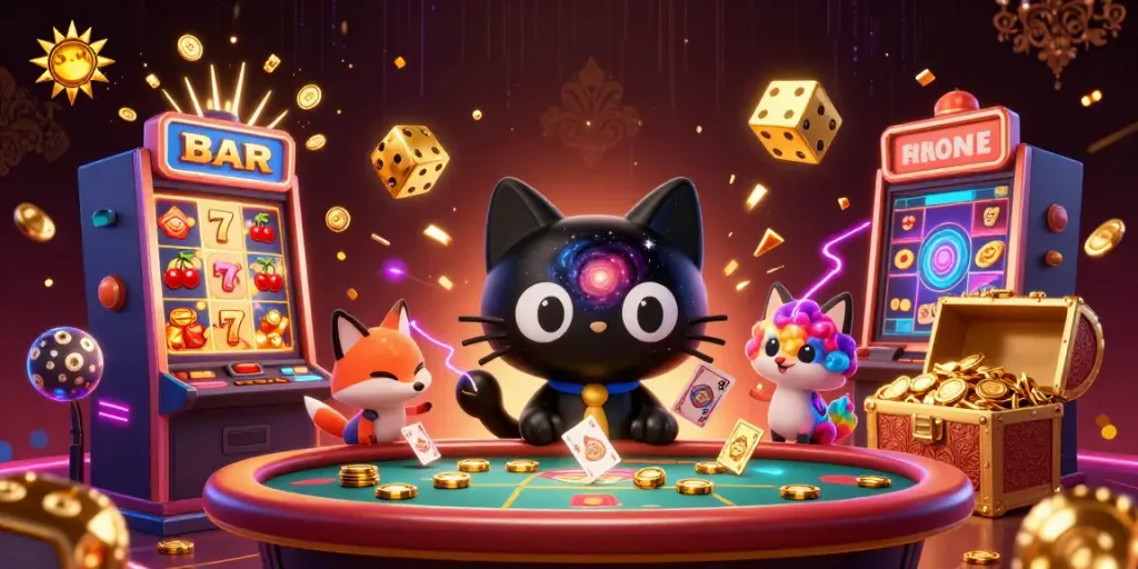 Engage with the sun-themed cosmic casino fun, featuring colorful characters and vibrant game elements.