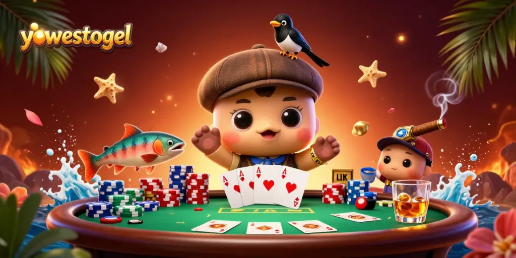 Join the fun with yowestogel and a lucky 3D cartoon Nessie at the vibrant poker table.