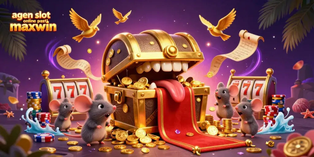 Engage with agen slot online pasti maxwin through this vibrant casino scene filled with treasures, slot reels, and playful characters.