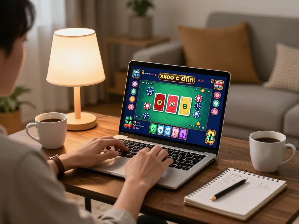 xóc đĩa online gameplay on a laptop in a cozy home setting, highlighting strategic betting