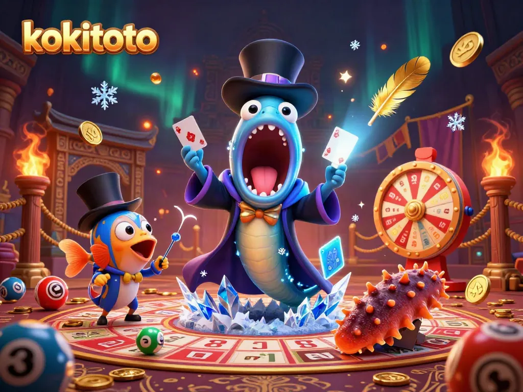 Menangkan togel 4D dengan kokitoto di Balai Togel, suasana fantasi yang penuh warna.