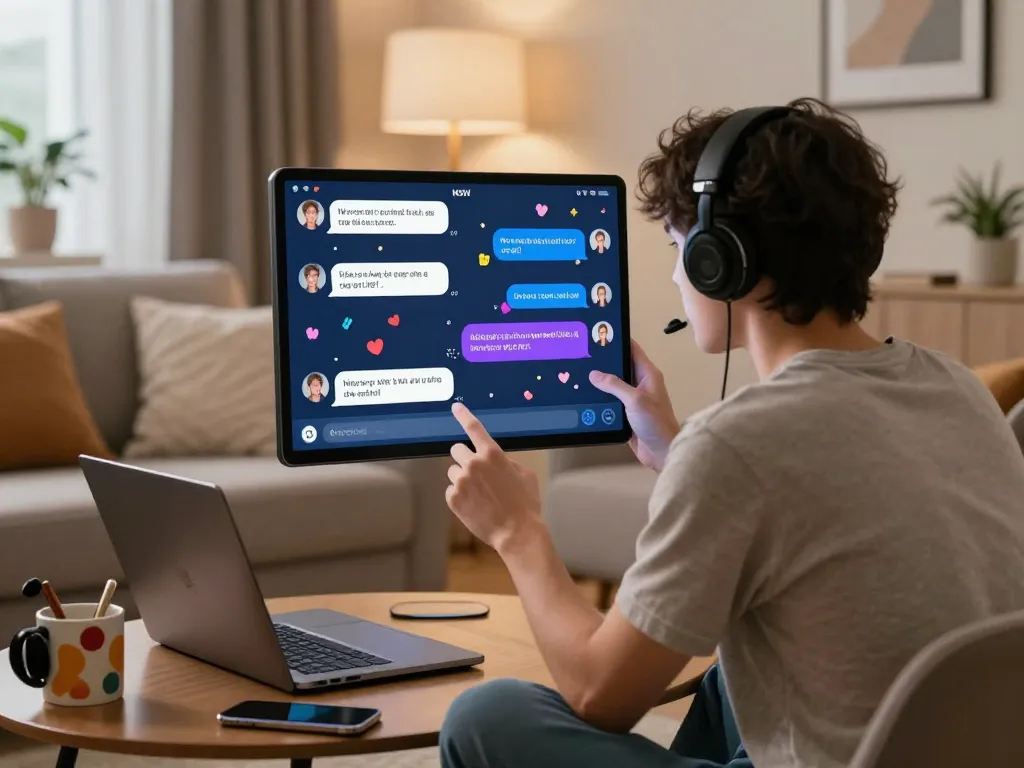 Interactive nsfw ai chat experience in a cozy living room with digital screens