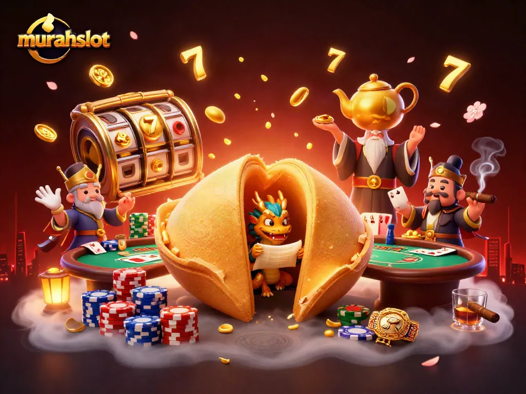 Engage with murahslot as a vibrant 3D casino scene featuring a golden fortune cookie, dragon, and poker elements.