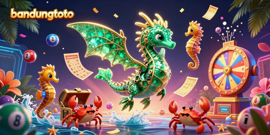 Engage in thrilling gaming at bandungtoto, featuring an emerald sea dragon amidst colorful lottery elements.