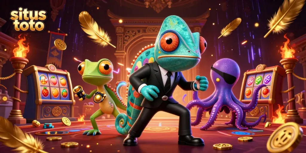 Ilustrasi 3D berwarna dengan karakter kasino, situs toto, dan elemen permainan untuk keunggulan dalam bertaruh.