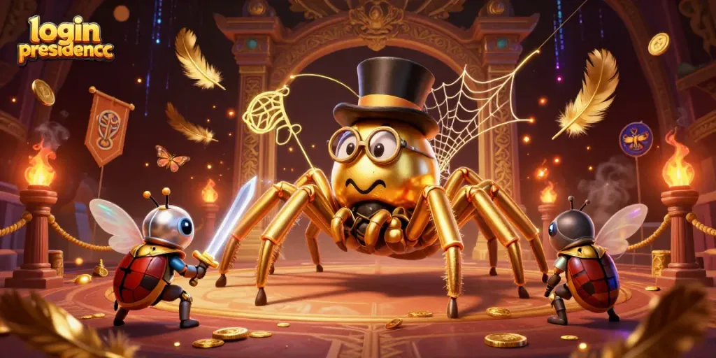 Engage with thrilling games at login presidencc, featuring a lively casino scene with characters weaving golden threads.