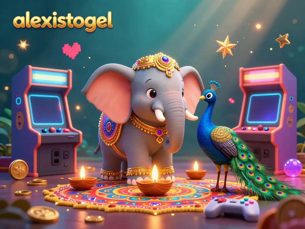 Akses permainan menarik di alexistogel dengan gajah bertema Diwali dan elemen kasino yang berkilau.