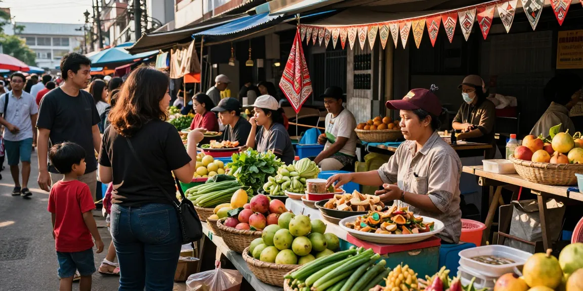 Pasar lokal di Indonesia dengan Leci123 yang menjual makanan segar dan suasana komunitas.