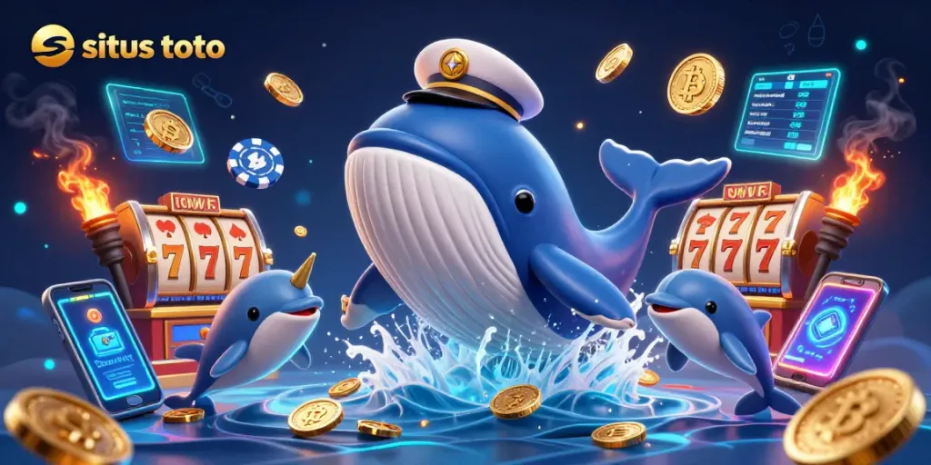 Memenangkan situs toto dalam ilustrasi 3D, dengan paus raksasa dan koin berhamburan.