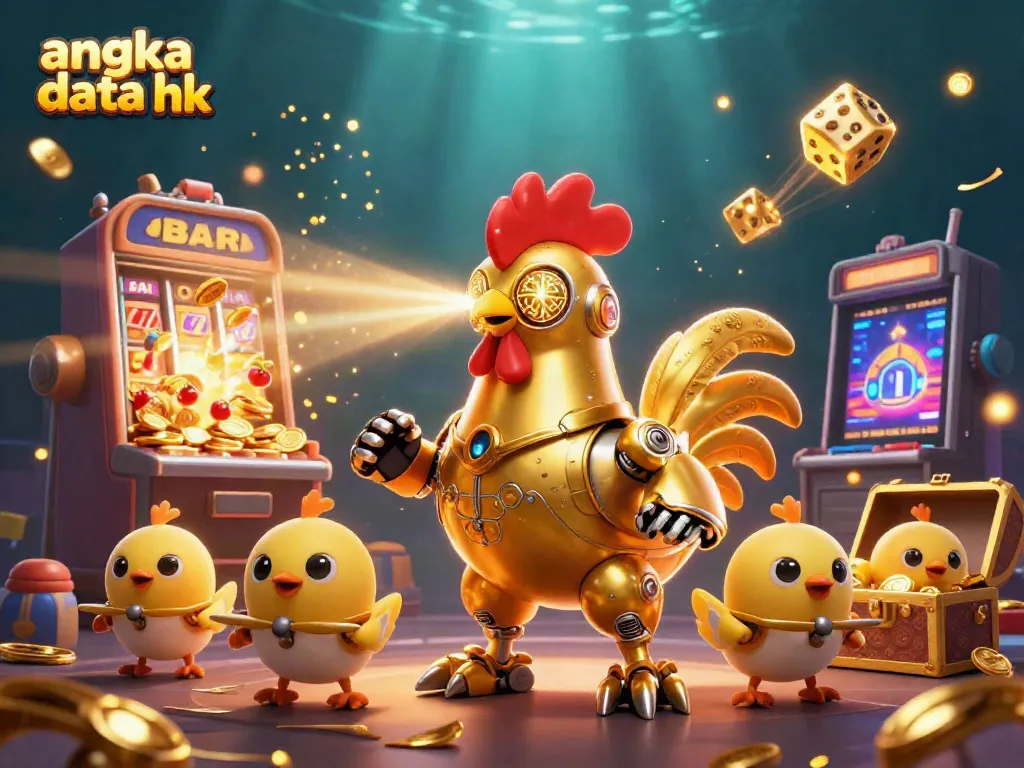 Mengamati angka data hk dengan ilustrasi cerah robot ayam jantan emas di kasino.