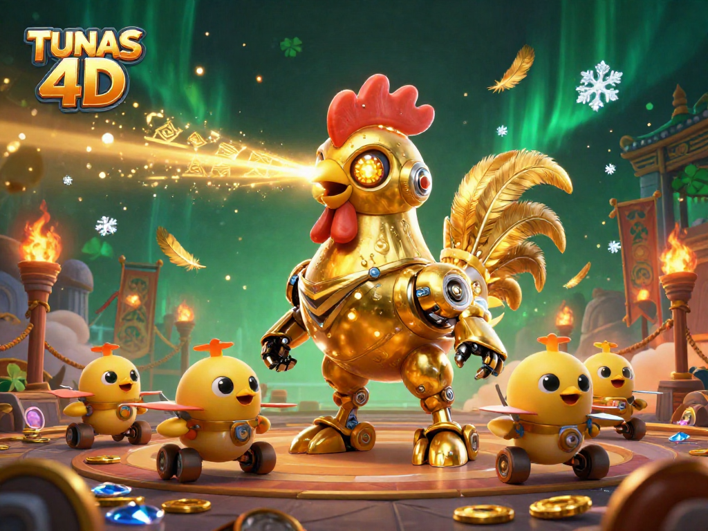 Engage in exciting gameplay at TUNAS 4D with golden rooster robot and baby chick drones.
