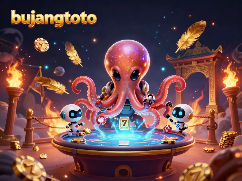 Engaging scene of bujangtoto game's playful alien octopus at a holographic slot table, exciting gameplay atmosphere.