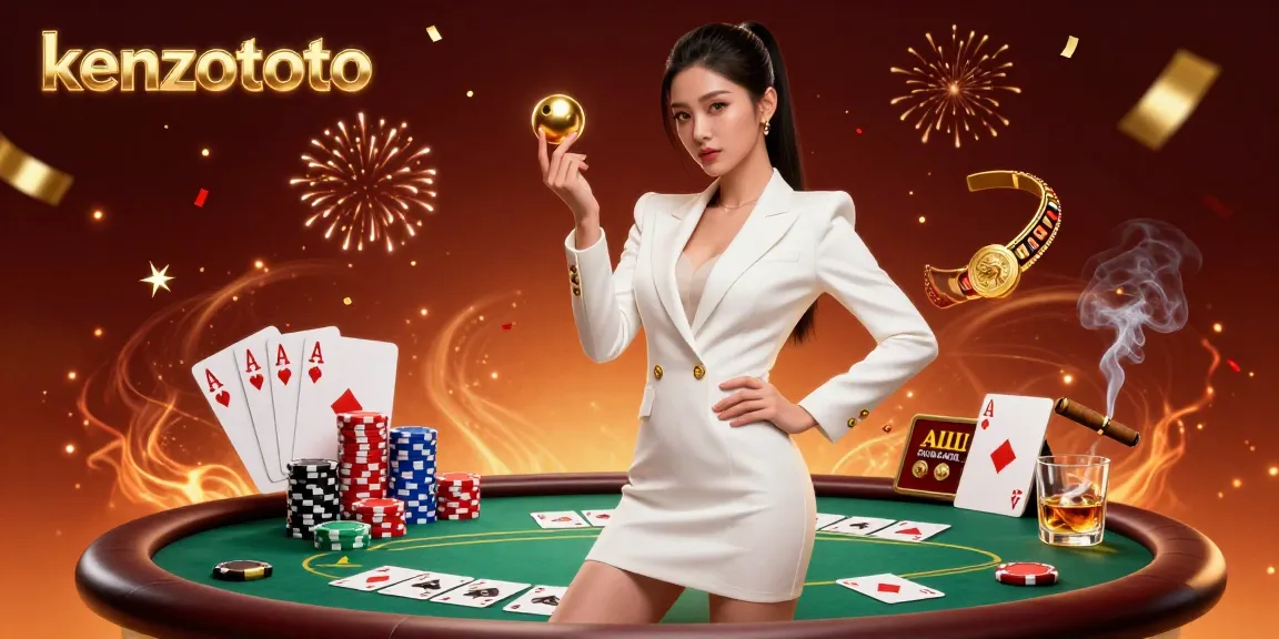 Experience thrilling gameplay with kenzototo in a vibrant casino setting featuring a confident Asian woman at a luxurious poker table.