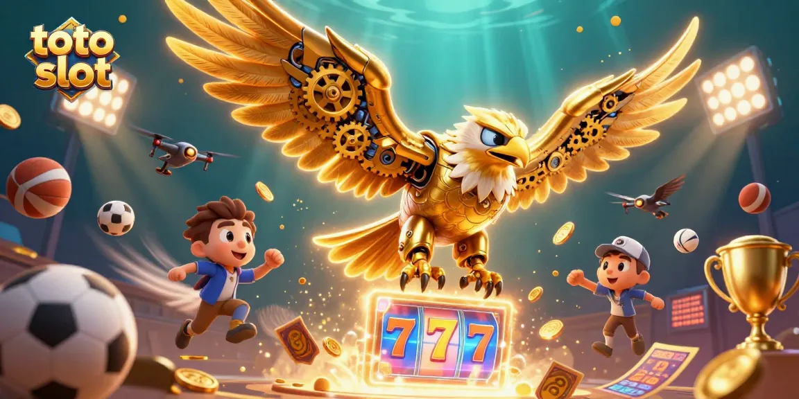 Memenangkan kartu untuk toto slot dengan elang emas sibernetik terbang di latar belakang penuh warna.
