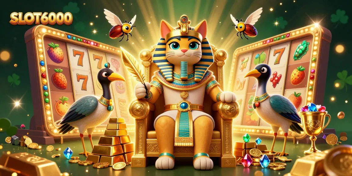 Spin the reels in SLOT6000 with the Egyptian pharaoh cat and colorful treasure bursting forth.