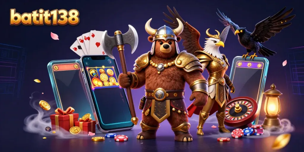 Gambarkan aksi game slot batik138 dengan karakter berani dan elemen kasino yang menarik.