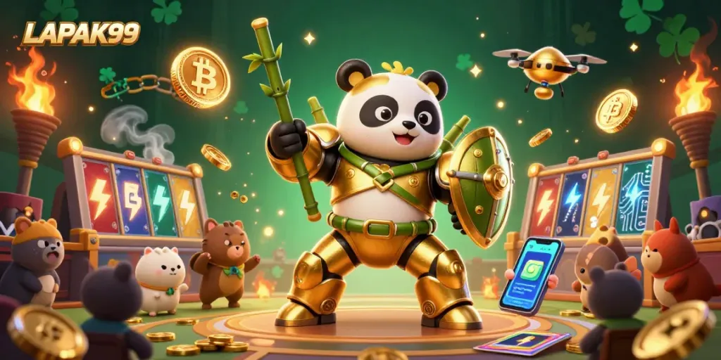 LAPAK99 showcases a vibrant online gaming scene with a mech-suit panda in an exciting slot game arena.