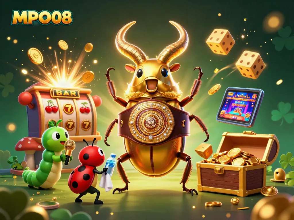 MPO08 promotion featuring a golden beetle against a vibrant casino backdrop, celebrating slot gaming excitement.