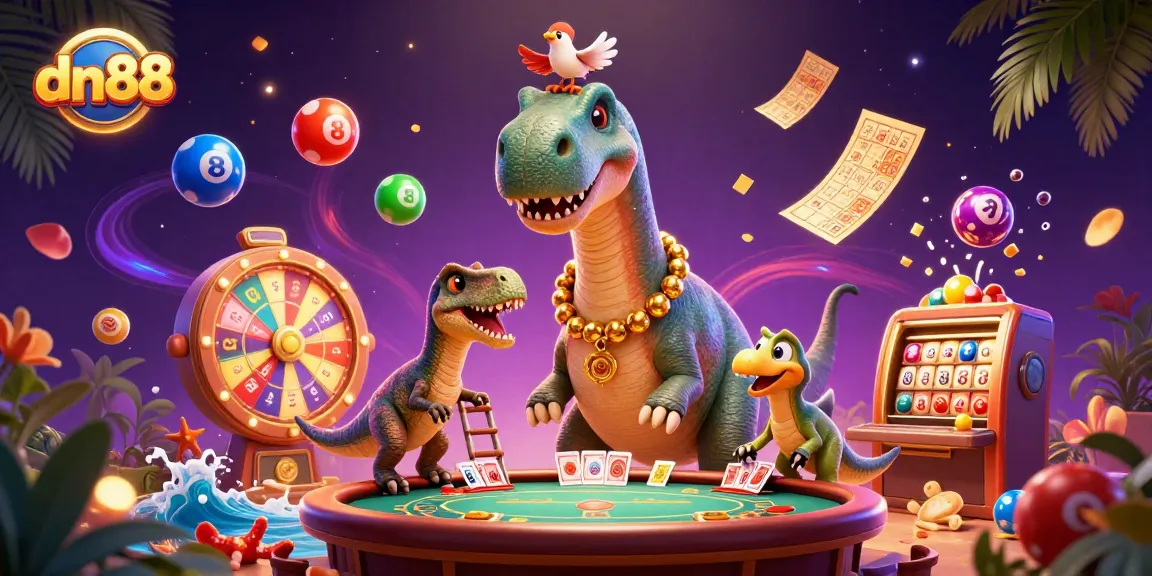 Engage with dn88's vibrant gaming atmosphere featuring a towering dinosaur dealer amidst thrilling casino elements.