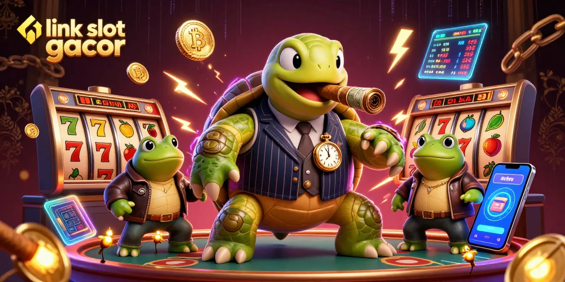 Spin to win with link slot gacor, showcasing cartoon turtle mobster and vibrant casino elements.
