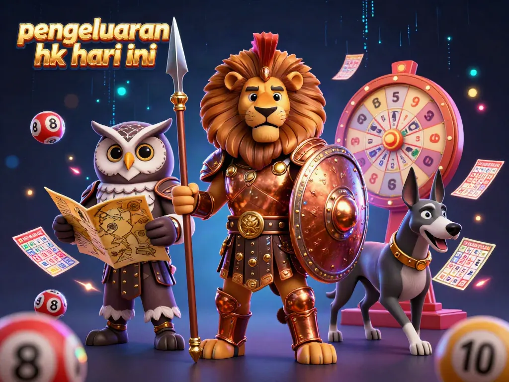 Pengeluaran hk hari ini yang akurat dan terpercaya dibagikan dalam ilustrasi 3D menampilkan karakter dan elemen permainan lotere.