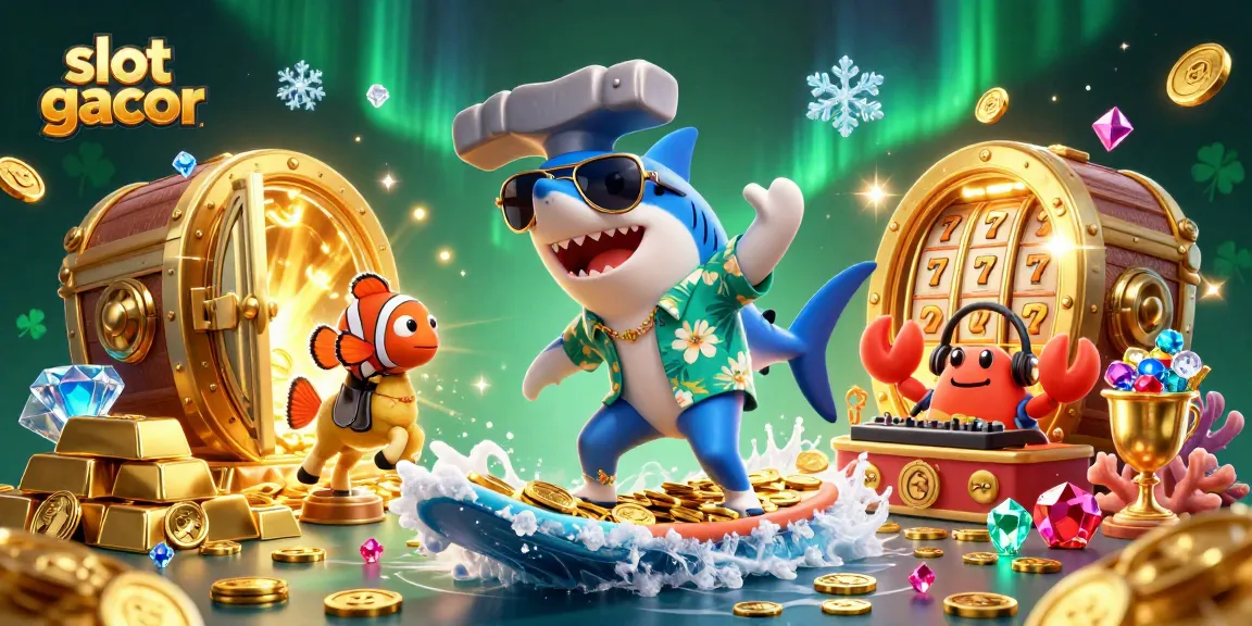 Win big with slot gacor as a shark surfs on gold coins with a clownfish and crab DJ.