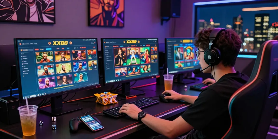 Exciting player enjoying XX88 online gaming experience at a colorful setup with dual monitors and immersive atmosphere.