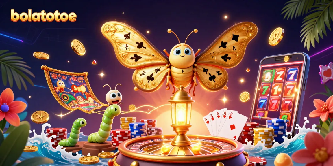 Engage with bolatotoe's vibrant casino scene featuring golden moths and spinning roulette wheels.