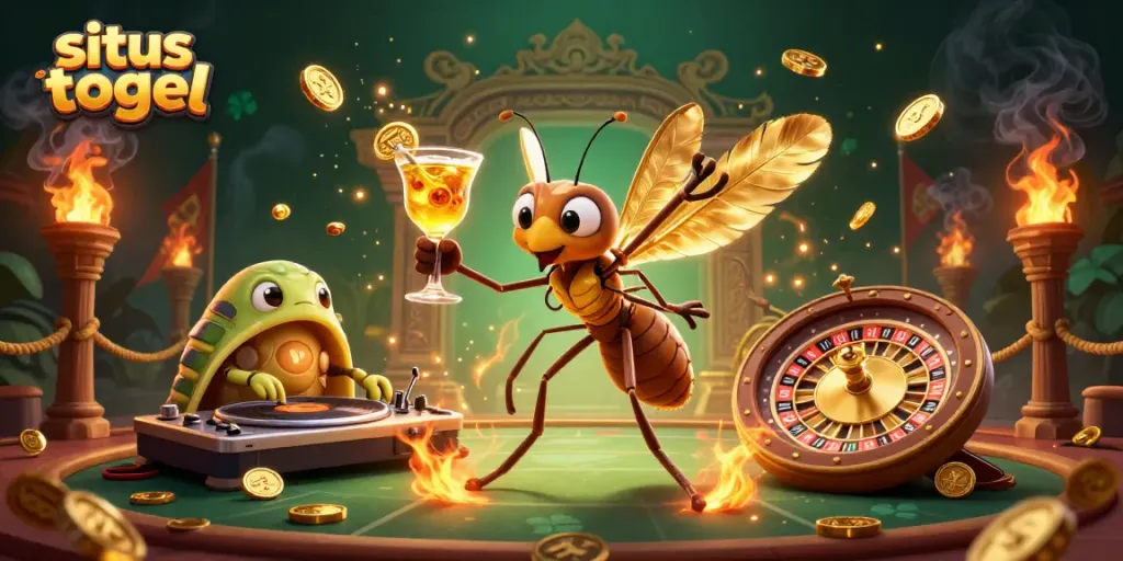 Engage with the vibrant world of situs togel, featuring a lively frozen mosquito mascot and a trilobite DJ.