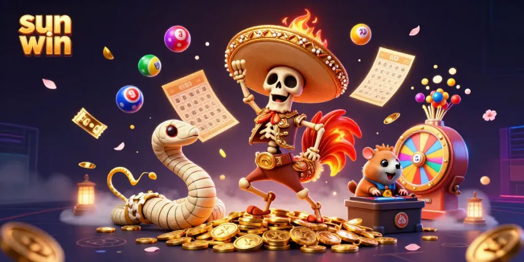 Experience the thrilling wins of sun win with a lively casino scene featuring unique characters and dynamic game elements.