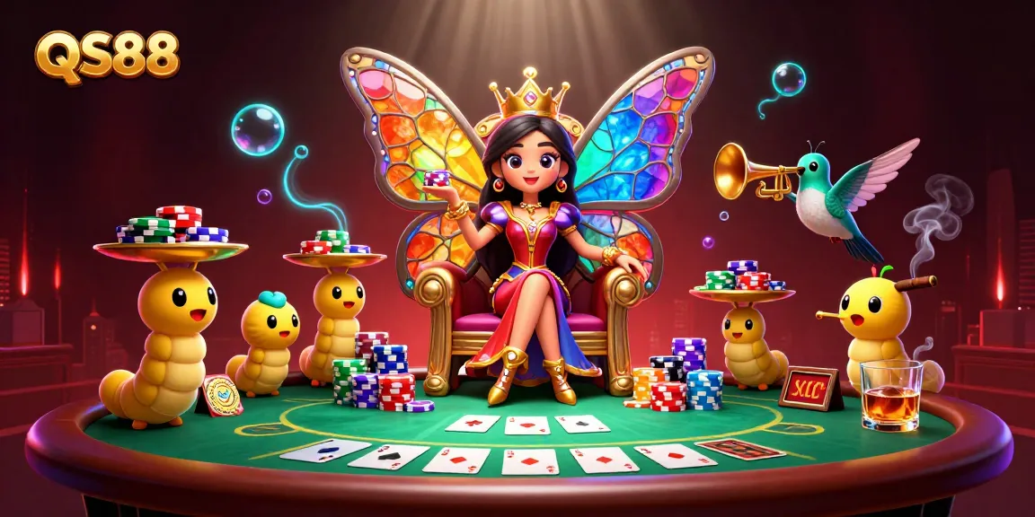 Engage in exciting gambling experiences at QS88 with a vibrant 3D casino scene featuring cards and chips.
