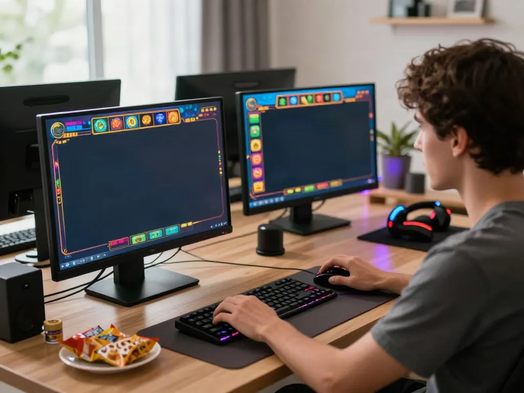 Permainan slot online di AHHA4D dengan pemain terfokus di depan laptop.