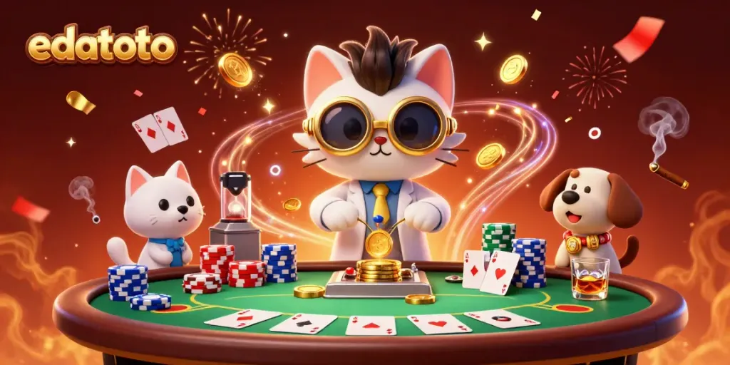 Experience the excitement of edatoto with a mad scientist cat and playful dog at a lively poker scene.