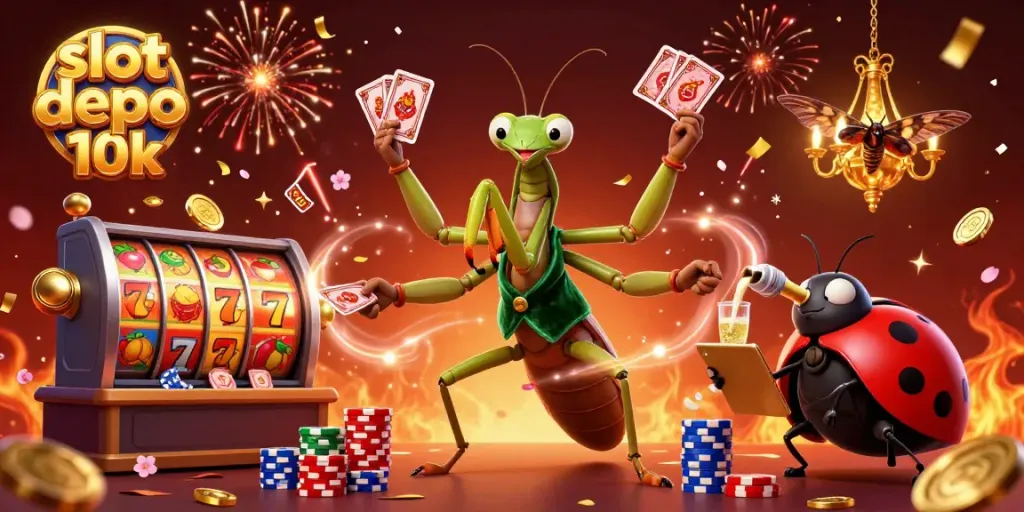 Experience excitement with slot depo 10k as the mantis card sharp deals cards and pours champagne amidst vibrant game elements.