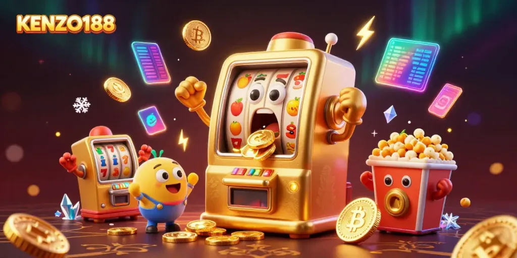 KENZO188 menampilkan mesin slot emas ceria meraih jackpot dengan koin berhamburan, memberikan pengalaman bermain yang seru.