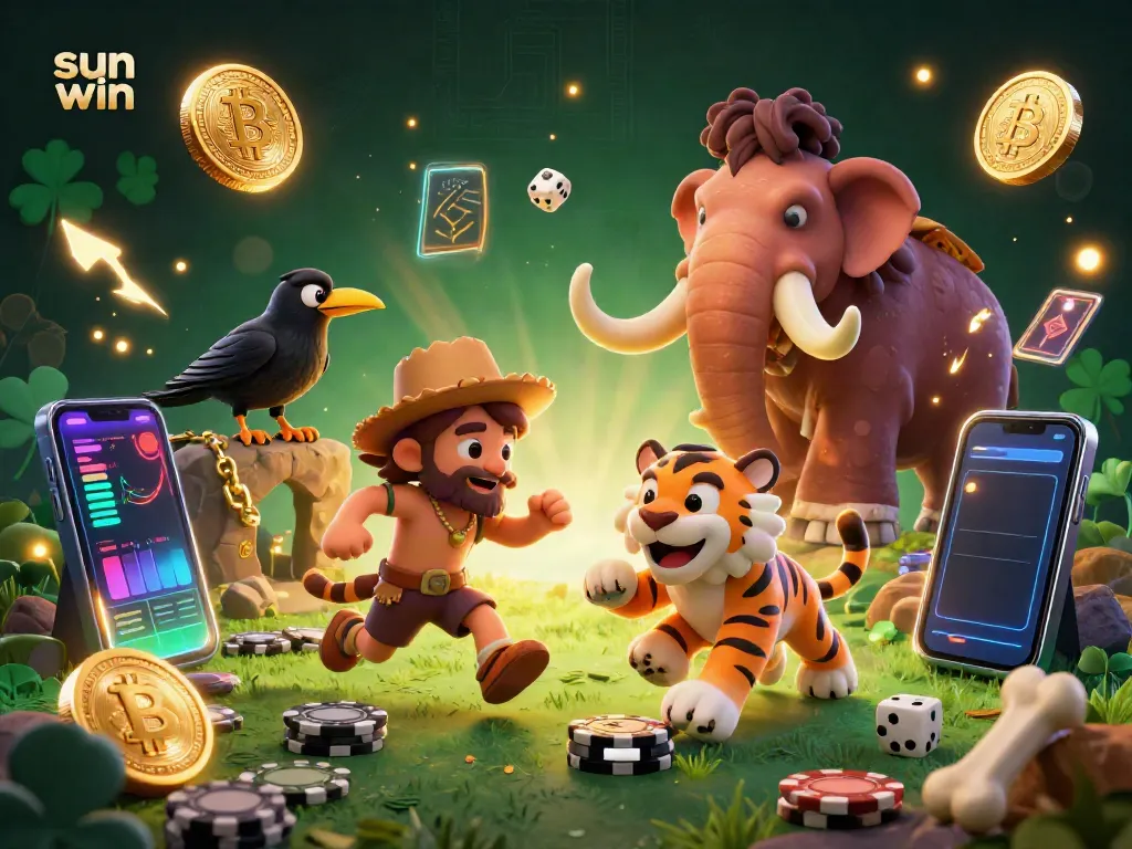 Experience the excitement of sun win with vibrant characters and glowing crypto elements in an immersive casino scene.