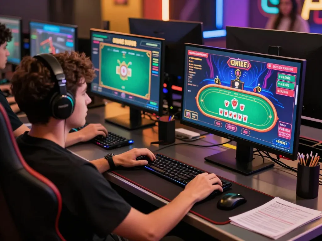 Engaged gamer analyzing poker strategies at an online casino using smart devices on modern desk at home.