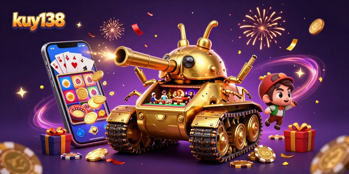 Kuy138 menampilkan kasino miniatur yang mengesankan dalam tank keledai emas dengan hiasan koin dan confetti.
