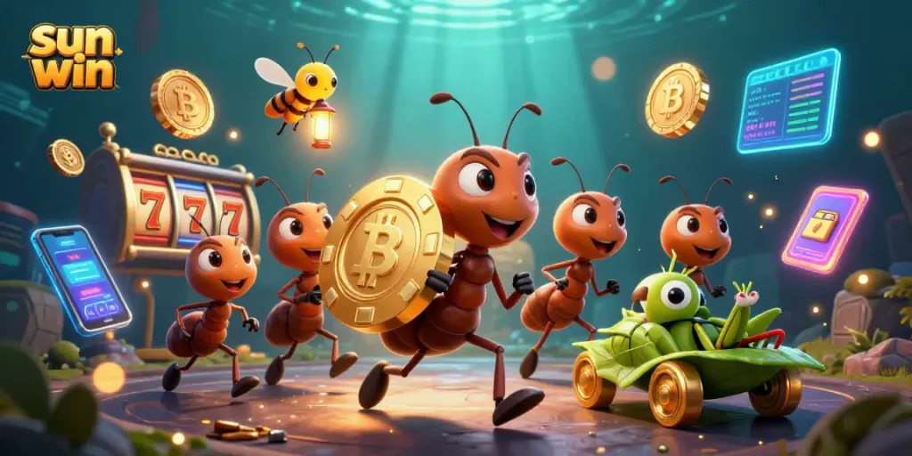 Exciting sun win casino heist scene featuring ants and golden poker chips with vibrant gaming elements.