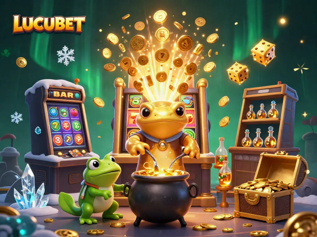 LUCUBET showcases a vibrant 3D scene where an alchemist transforms metals into gold coins amid playful casino elements.
