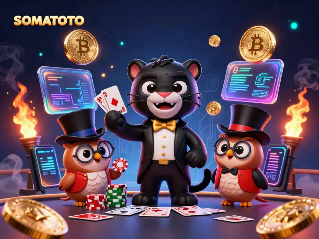 SOMATOTO showcases a stylish black panther dealer amidst floating crypto coins in a vibrant casino.