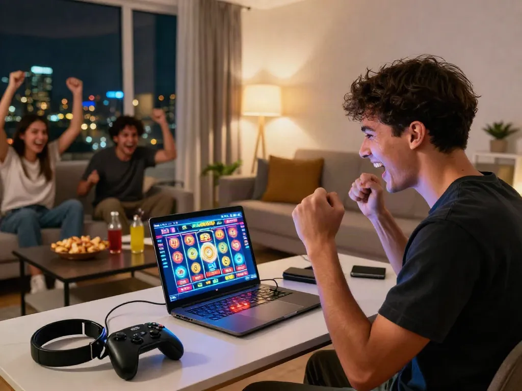 Celebrating a jackpot win on slot gacor in a vibrant gaming setting