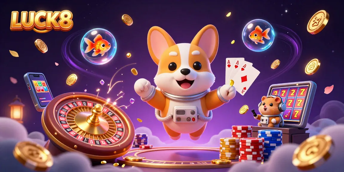 LUCK8 engages players in a dynamic casino scene with a cartoon astronaut corgi and lucky symbols.
