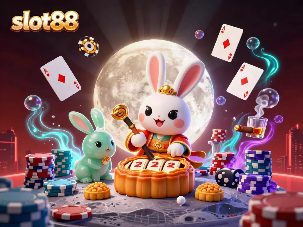 Bermain slot88 dengan tema menarik, menampilkan karakter kelinci bulan menghancurkan kue bulan sambil dikelilingi tumpukan chip poker.