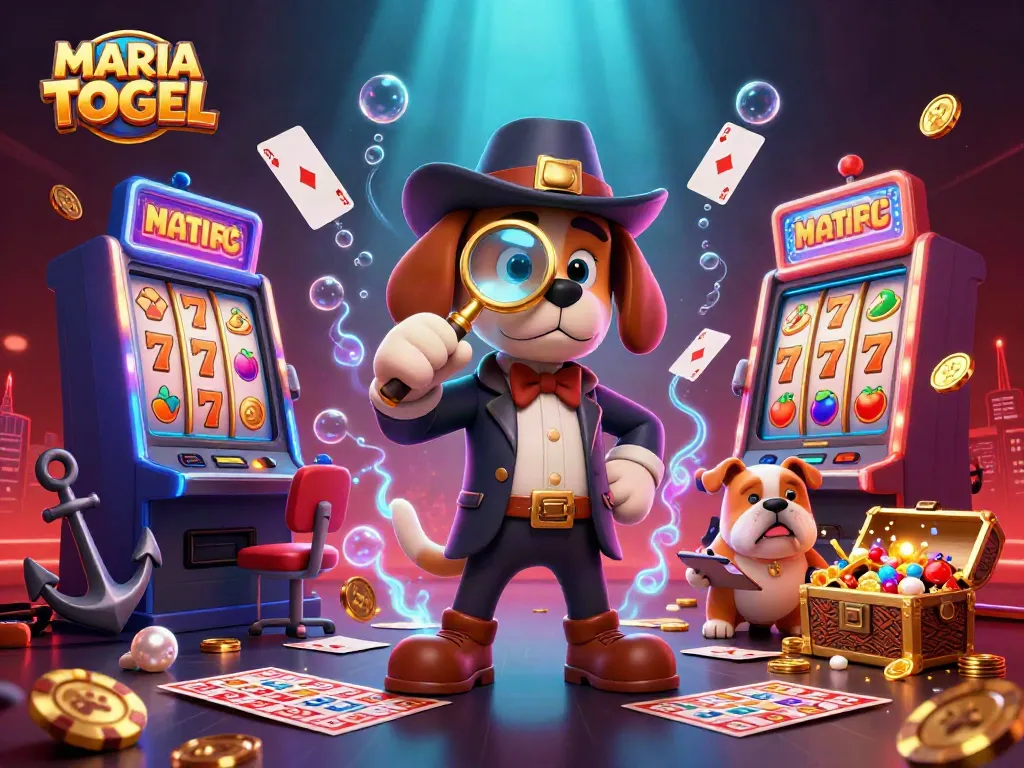 MARIATOGEL showcases an energetic casino scene with a detective and bulldog exploring gambling treasures.